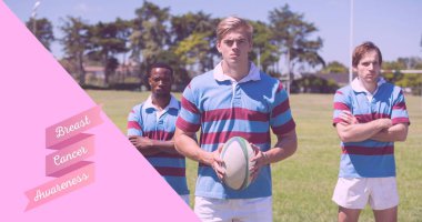 Pembe kurdele logosu ve ragbi oyuncularıyla göğüs kanseri metni. Göğüs kanseri pozitif farkındalık kampanyası konsepti dijital olarak oluşturuldu.