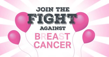 Pembe kurdele logosu ve pembe arka planda balonlar olan göğüs kanseri metni. Göğüs kanseri pozitif farkındalık kampanyası konsepti dijital olarak oluşturuldu.