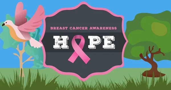 Σύνθεση Του Ροζ Κορδέλα Λογότυπο Και Κείμενο Του Καρκίνου Του — Φωτογραφία Αρχείου
