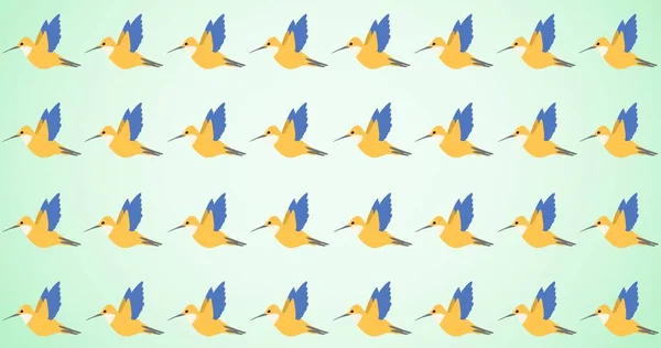 Composição Fileiras Pássaros Amarelos Azuis Sobre Fundo Verde Padrão Natureza — Fotografia de Stock