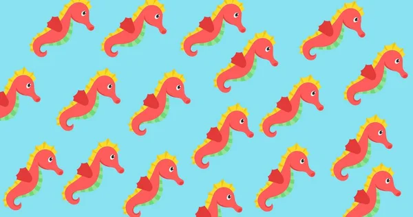 Composition Rows Red Yellow Seahorses Blue Background Pattern Nature Colour — Stock Photo, Image