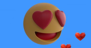 Kırmızı kalpli, mavi arka planda kırmızı kalp simgeleriyle gülümseyen emoji ikonu animasyonu. küresel sosyal medya ve iletişim konsepti dijital olarak oluşturulmuş video.