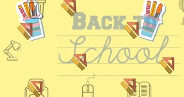 Okul simgeleri üzerinden okula dönüş metninin animasyonu. eğitim, geliştirme ve öğrenme konsepti dijital olarak oluşturulmuş video.