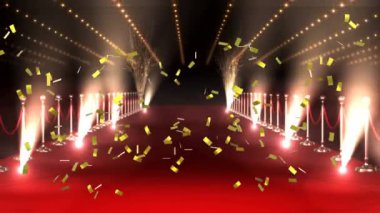 Kırmızı halı mekânına düşen altın konfetilerinin hareketli spot ışıklarıyla canlandırılması. eğlence, ödül töreni, olay ve kutlama konsepti dijital olarak oluşturulmuş video.