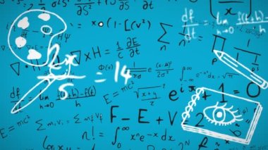 Matematiksel formüllerin ve mavi arkaplandaki ikonların animasyonu. eğitim ve öğrenme kavramı dijital olarak oluşturulmuş video.