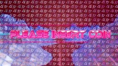 Pembe metnin animasyonu lütfen hareket eden şekillerle kahverengi üzerine bozuk para yerleştirin. communication, digital interface ve retro video oyunu konsepti, dijital olarak oluşturulmuş.