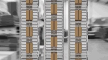 Depodaki taşıma bantlarında hareket eden karton kutuların animasyonu. Dijital olarak üretilen video konsepti.