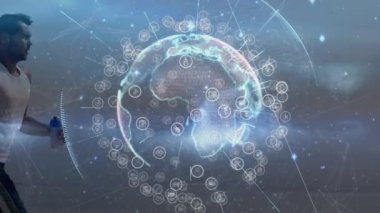 Deniz kıyısından geçen kadın ve erkek arasındaki bağlantı ağlarının küre animasyonu. Spor, spor ve bağlantılar dijital olarak oluşturulmuş video konsepti.