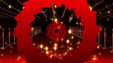 Kırmızı şekillerin ve kırmızı halı mekânının üzerine düşen alev toplarının animasyonu. eğlence, ödül töreni, olay ve kutlama konsepti dijital olarak oluşturulmuş video.