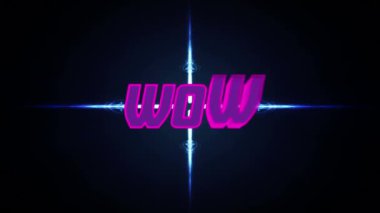 Siyah arkaplandaki mavi ışıklar üzerinde wow metninin animasyonu. Video oyunu, eğlence ve dijital arayüz kavramı dijital olarak oluşturuldu.