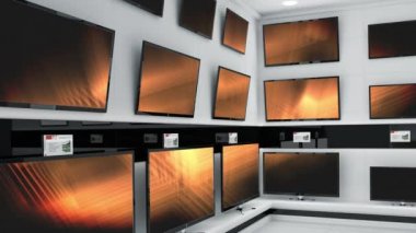 Dükkanda parlayan turuncu ekranlı sıra dizi televizyon animasyonları. küresel iletişim ve teknoloji konsepti dijital olarak oluşturulmuş video.