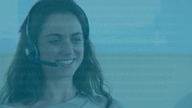 Animation of binary coding data processing over businesswoman using headset. global business, finance, communication and data processing concept digitally generated video.