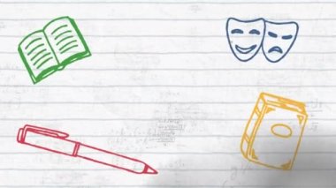 Okul kavramının dijital animasyonları beyaz çizgili kağıttaki matematiksel denklemlere karşı. Okula ve eğitim konseptine dönüş