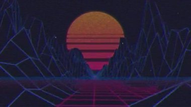 Turuncu güneşli, hareket eden siyah bir arazide, bozulma çizgilerinin animasyonu. Video oyunu, eğlence ve dijital arayüz kavramı dijital olarak oluşturuldu.