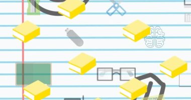 Beyaz arkaplanda hareket eden okul ögeleri simgelerinin canlandırılması. eğitim, geliştirme ve öğrenme konsepti dijital olarak oluşturulmuş video.