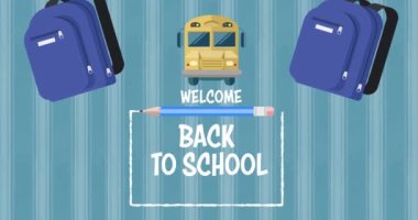 Mavi arkaplandaki okul ögeleri simgeleri üzerinden okula dönüş metninin canlandırması. eğitim, geliştirme ve öğrenme konsepti dijital olarak oluşturulmuş video.