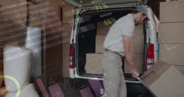 Teslimatçıyla ilgili istatistik ve finansal veri işleme animasyonu. küresel gönderim, dağıtım, iş, veri işleme ve teknoloji konsepti dijital olarak oluşturulmuş video.