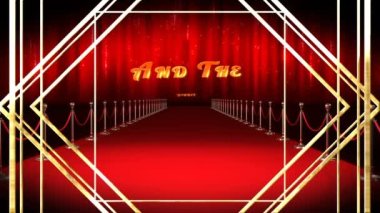 Metin üzerinde altın çizgi desenli animasyon ve kazanan kırmızı halı mekanı. eğlence, ödül töreni, olay ve kutlama konsepti dijital olarak oluşturulmuş video.