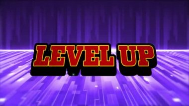 Patlama sırasında kırmızı metin seviyesinin yükselmesi ve mor zeminin şelaleyle oynatılması. Video oyunu, eğlence ve dijital arayüz kavramı dijital olarak oluşturuldu.