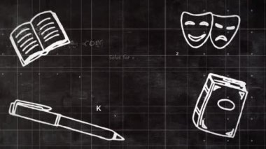 Okulun konsept simgelerinin dijital animasyonu siyah arkaplanda matematiksel denklemlere karşı. Okula ve eğitim konseptine dönüş
