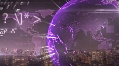 Dönen dünya ve şehir manzarasına karşı dünya haritasında birden fazla değişen sayı var. küresel ağ ve teknoloji kavramı