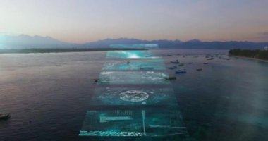 Deniz ve gökyüzü üzerinde veri işleme animasyonu. küresel sosyal medya, bağlantılar, iletişim ve teknoloji konsepti dijital olarak oluşturulmuş video.