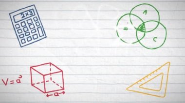 Çizgiler üzerinde renkli okul öğeleri simgeleri ve matematiksel çizimler animasyonu. eğitim ve öğrenme kavramı dijital olarak oluşturulmuş video.