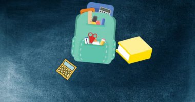 Siyah arkaplan üzerinde okul ögeleri simgelerinin canlandırılması. eğitim, geliştirme ve öğrenme konsepti dijital olarak oluşturulmuş video.