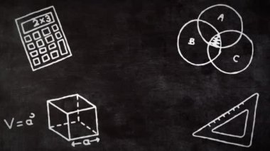 Karanlık arka plandaki ışıkların üzerinde matematiksel çizimler ve formüllerin animasyonu. eğitim ve öğrenme kavramı dijital olarak oluşturulmuş video.