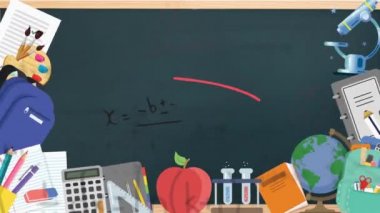 Tahtadaki matematik çizimlerinin yanında okul eşyalarının animasyonu. eğitim ve öğrenme kavramı dijital olarak oluşturulmuş video.
