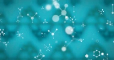 Mavi arka planda yüzen beyaz moleküllerin animasyonu. Bilim ve araştırma konsepti dijital olarak oluşturulmuş video.