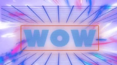 Mavi metin animasyonu vay canına, kıvrımlı renkler ve mavi ızgara üzerinde, leylak üzerinde. Video oyunu, eğlence ve dijital arayüz kavramı dijital olarak oluşturuldu.