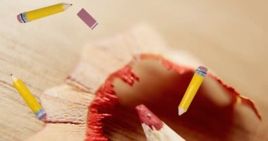 Okul eşyalarının simgeleri ve masa üzerinden okula dönüş metninin animasyonu. eğitim, geliştirme ve öğrenme konsepti dijital olarak oluşturulmuş video.