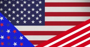 Amerikan bayrağı üzerinde hareket eden kırmızı, beyaz ve mavi yıldızların ve çizgilerin animasyonu. Vatanseverlik, bağımsızlık ve kutlama konsepti dijital olarak oluşturulmuş video.