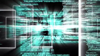 Veri işlemenin dijital animasyonu ve siyah arkaplanda yüzen çoklu kare şekiller. bilgisayar arayüzü ve teknoloji kavramı