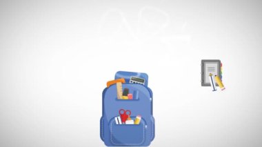 Matematiksel çizimler ve formüllerin beyaz arkaplandaki sırt çantasının üzerindeki animasyonu. eğitim ve öğrenme kavramı dijital olarak oluşturulmuş video.