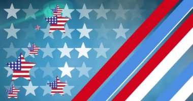 Amerikan bayrak yıldızlarının, kırmızı, beyaz ve mavi yıldızların ve çizgili desenlerin animasyonu. Vatanseverlik, bağımsızlık ve kutlama konsepti dijital olarak oluşturulmuş video.