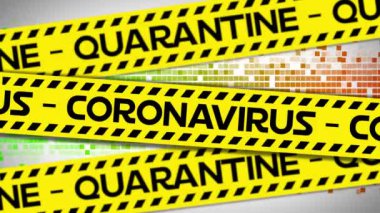 Renkli hareketli pikseller üzerine sarı tehlike bandı üzerindeki koronavirüs karantina uyarı metninin animasyonu. küresel covid 19 pandemik uyarı konsepti dijital olarak oluşturulmuş video.