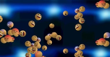 Mavi arka planda yüzen emoji simgelerinin animasyonu. küresel sosyal medya ve iletişim konsepti dijital olarak oluşturulmuş video.