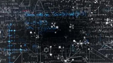 Matematiksel denklemler üzerinde yüzen moleküler yapılar ve siyah arkaplana karşı diyagramlar. Matematiksel ve bilimsel araştırma kavramı