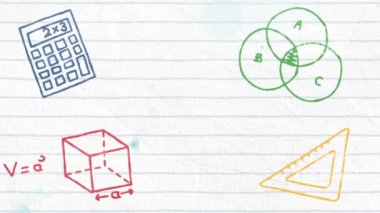 Çizgiler üzerinde renkli okul öğeleri simgeleri ve matematiksel çizimler animasyonu. eğitim ve öğrenme kavramı dijital olarak oluşturulmuş video.