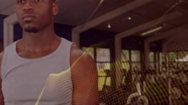 Spor salonunda egzersiz yapan bir adamın üzerindeki ışıltılı noktaların canlandırması. spor, fitness ve aktif yaşam tarzı konsepti dijital olarak oluşturulmuş video.