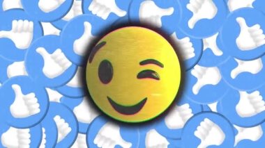 Göz kırpan yüz emojisi üzerindeki bozukluğun dijital animasyonu arka plandaki simgeler gibi birden fazla simgeye karşı. ifade ve iletişim kavramı