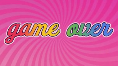 Oyunun animasyonu pembe arkaplanda renkli harflerle yazılmış metnin üzerinde. Sosyal medya ve iletişim konsepti dijital olarak oluşturulmuş video.