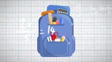 Matematiksel çizimler ve formüllerin beyaz arkaplandaki sırt çantasının üzerindeki animasyonu. eğitim ve öğrenme kavramı dijital olarak oluşturulmuş video.