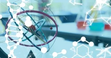 Sınıftaki masanın üzerinde moleküllerin ve DNA iplikçiklerinin canlandırılması. eğitim, geliştirme ve öğrenme konsepti dijital olarak oluşturulmuş video.