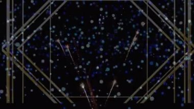 Havai fişeklerin üzerindeki altın desenlerin patlaması ve yükselen mavi ışık lekelerinin siyaha yansıması. kutlama, parti ve olay konsepti dijital olarak oluşturulmuş video.
