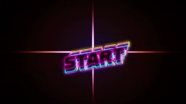 Siyah arkaplanda kırmızı ışıkta başlangıç metninin canlandırması. Video oyunu, eğlence ve dijital arayüz kavramı dijital olarak oluşturuldu.