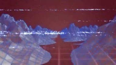 Pembe şebeke ve mavi manzara üzerinde kahverengi üzerine beyaz parazit çizgileri animasyonu. Video oyunu, eğlence ve dijital arayüz kavramı dijital olarak oluşturuldu.