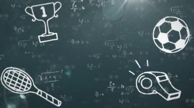 Karanlık arka plandaki ışıkların üzerinde matematiksel çizimler ve formüllerin animasyonu. eğitim ve öğrenme kavramı dijital olarak oluşturulmuş video.